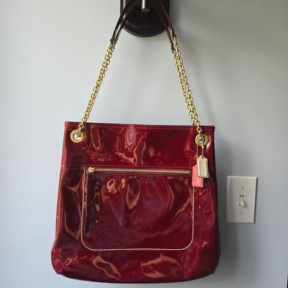Coach Poppy Embossed Crimson Patent Leather Chain Strap Slim Tote Shoulder Bag - Picture 1 of 10